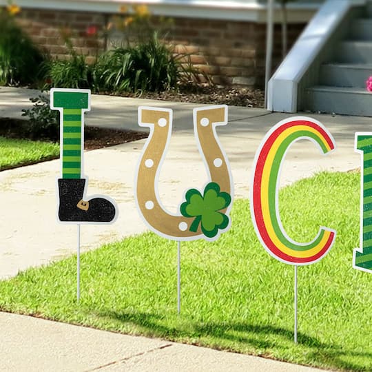 Glitzhome® Set of 5 St. Patrick's Metal "Lucky" Yard Stake